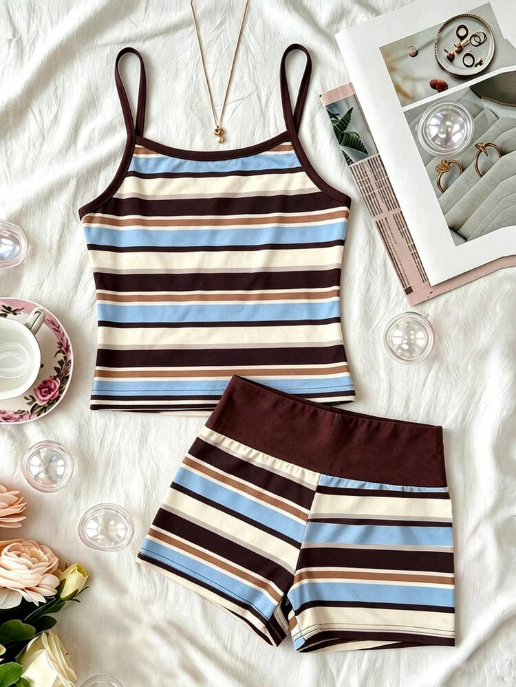 SHEIN Elladie kids Tween Girls 2pcs/Set Simple Blue & Brown Striped Knit Mini Set, Summer Camisole Top And Shorts, Fashion Casual Sporty Two Pieces Outfit For Daily - Brown - View 2