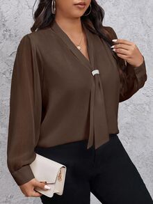 SHEIN Privé 大尺碼秋季女式襯衫 - 咖啡棕 - 查看 7