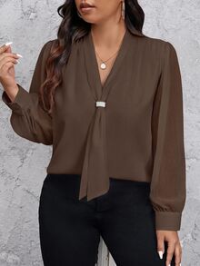 SHEIN Privé 大尺碼秋季女式襯衫 - 咖啡棕 - 查看 5