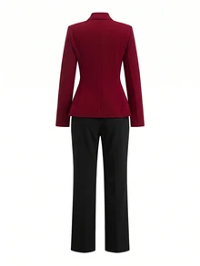 SHEIN Clasi Women's Burgundy All Black Metal Button Waist-Cinching Long Sleeve Blazer Straight Leg Pants 2 Pieces Set Business Professional Summer - Multicolor - View 2