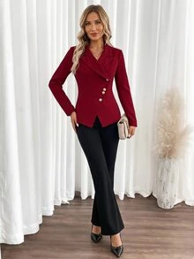 SHEIN Clasi Women's Burgundy All Black Metal Button Waist-Cinching Long Sleeve Blazer Straight Leg Pants 2 Pieces Set Business Professional Summer - Multicolor - View 4