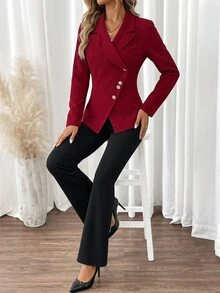 SHEIN Clasi Women's Burgundy All Black Metal Button Waist-Cinching Long Sleeve Blazer Straight Leg Pants 2 Pieces Set Business Professional Summer - Multicolor - View 1