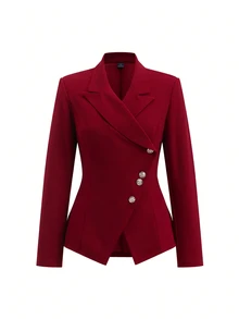SHEIN Clasi Women's Burgundy All Black Metal Button Waist-Cinching Long Sleeve Blazer Straight Leg Pants 2 Pieces Set Business Professional Summer - Multicolor - View 12