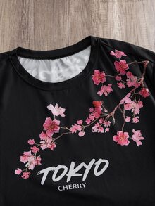 Manfinity EMRG 男士大尺碼時尚日式櫻花東京文字T恤，獨特設計，度假款 - 彩色 - 查看 5