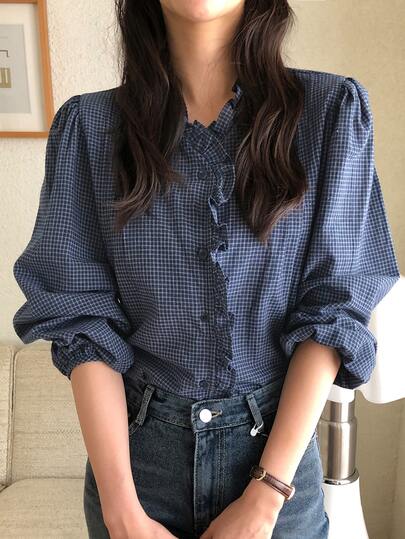 DAZY Women's Plaid Fitted V-Neck Long Sleeve Petal Sleeve Ruched Ruffle Hem Casual Vacation Spring/Autumn Blouse