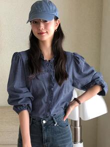 DAZY Women's Plaid Fitted V-Neck Long Sleeve Petal Sleeve Ruched Ruffle Hem Casual Vacation Spring/Autumn Blouse - Blue - View 3