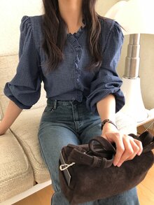 DAZY Women's Plaid Fitted V-Neck Long Sleeve Petal Sleeve Ruched Ruffle Hem Casual Vacation Spring/Autumn Blouse - Blue - View 4