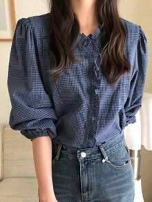 DAZY Women's Plaid Fitted V-Neck Long Sleeve Petal Sleeve Ruched Ruffle Hem Casual Vacation Spring/Autumn Blouse - Blue - View 5