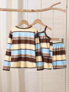 Elladie kids 青少年女孩拼色條紋3件套服裝組合，鈕扣上衣 + 無袖背心 + 鬆緊腰短褲，休閒日常穿搭套裝 - 棕色 - 查看 2