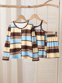 Elladie kids 青少年女孩拼色條紋3件套服裝組合，鈕扣上衣 + 無袖背心 + 鬆緊腰短褲，休閒日常穿搭套裝 - 棕色 - 查看 6