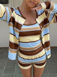 Elladie kids 青少年女孩拼色條紋3件套服裝組合，鈕扣上衣 + 無袖背心 + 鬆緊腰短褲，休閒日常穿搭套裝 - 棕色 - 查看 3