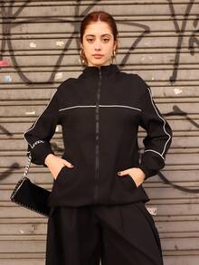 Ananda Vibes Zip-Up White Sports Jacket With Stripe Trim Decor Black - Black - View 4