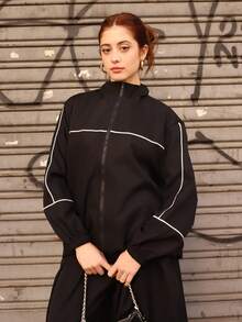 Ananda Vibes Zip-Up White Sports Jacket With Stripe Trim Decor Black - Black - View 3