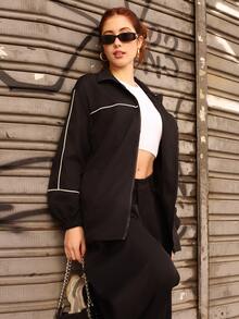 Ananda Vibes Zip-Up White Sports Jacket With Stripe Trim Decor Black - Black - View 5