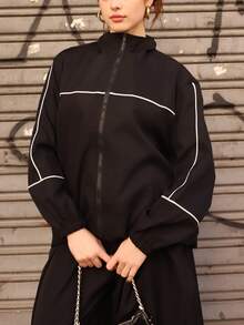 Ananda Vibes Zip-Up White Sports Jacket With Stripe Trim Decor Black - Black - View 6