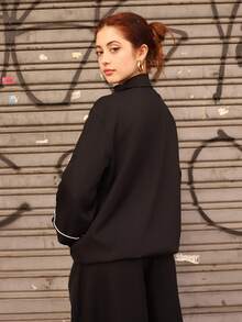 Ananda Vibes Zip-Up White Sports Jacket With Stripe Trim Decor Black - Black - View 2