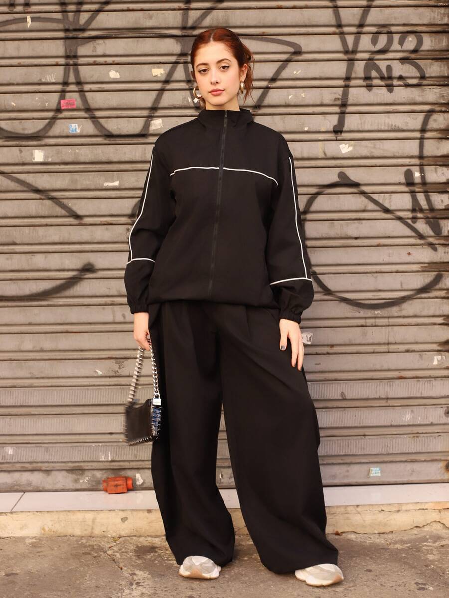 Ananda Vibes Zip-Up White Sports Jacket With Stripe Trim Decor Black - Black - View 1