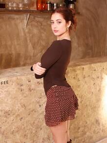 Ananda Vibes Asymmetric Design Fitted Long Sleeve Women T-Shirt Casual - Coffee Brown - View 4