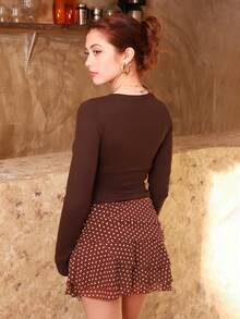 Ananda Vibes Asymmetric Design Fitted Long Sleeve Women T-Shirt Casual - Coffee Brown - View 2