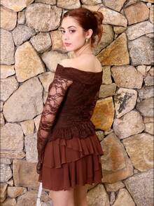 Ananda Vibes Women's Multi-Layer Ruffle Trim Low Rise Y2K Mini Black Skirt - Coffee Brown - View 3