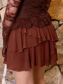 Ananda Vibes Women's Multi-Layer Ruffle Trim Low Rise Y2K Mini Black Skirt - Coffee Brown - View 4
