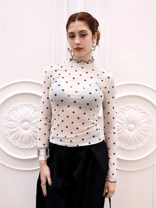 Ananda Vibes Blus Wanita Musim Gugur Lengan Panjang Kerah Ruffle Motif Polkadot Transparan - Aprikot - View 3