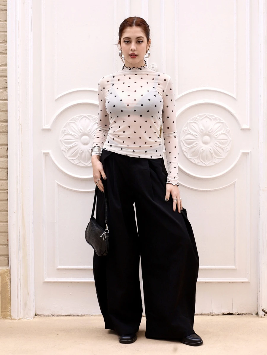 Ananda Vibes Blus Wanita Musim Gugur Lengan Panjang Kerah Ruffle Motif Polkadot Transparan - Aprikot - View 1