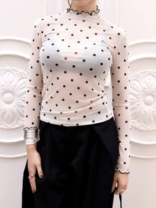 Ananda Vibes Blus Wanita Musim Gugur Lengan Panjang Kerah Ruffle Motif Polkadot Transparan - Aprikot - View 4