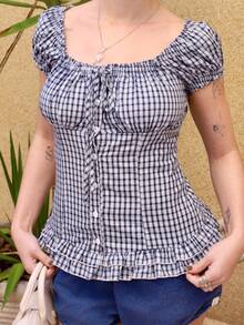 Ananda Vibes Women's Casual Navy Blue Textured Plaid Puff Cap Sleeve Shirt With Ruffle Flared Hem Summer - Navy Blue - View 4