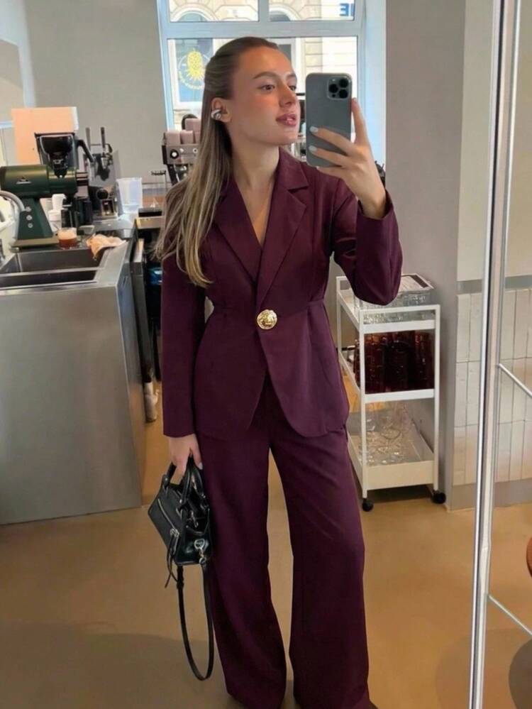 Aloruh Women's Autumn/Winter Long Sleeve Cinched Cinched Waist Metal Decor Commuter Blazer - Violet Purple - View 9