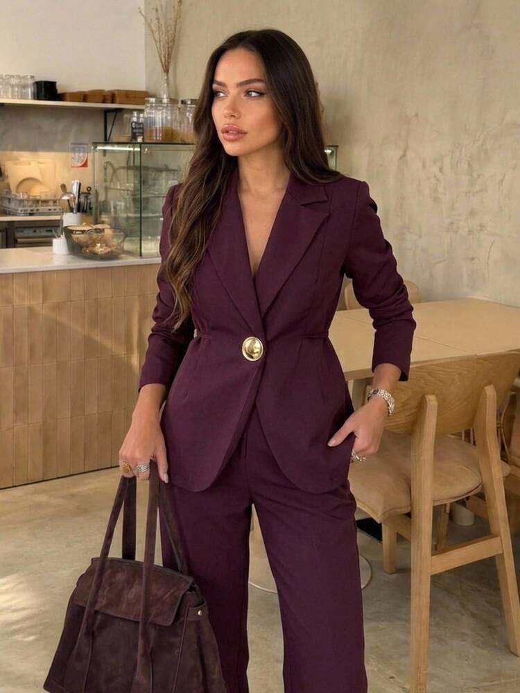 Aloruh Women's Autumn/Winter Long Sleeve Cinched Cinched Waist Metal Decor Commuter Blazer - Violet Purple - View 1