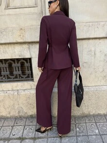 Aloruh 女款秋冬長袖收腰金屬裝飾通勤西裝外套 - 紫羅蘭色 - 查看 2