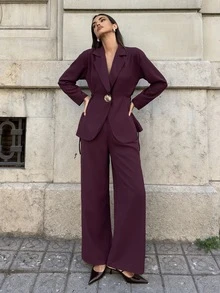 Aloruh 女款秋冬長袖收腰金屬裝飾通勤西裝外套 - 紫羅蘭色 - 查看 7