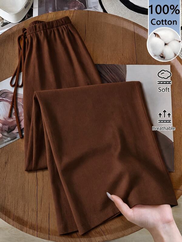 SHEIN LUNE Women's Black Long Pure Cotton Wide Leg Pants, Comfortable And Fitted, Brown Pure Cotton Pants, Women's Casual Pants, Autumn Casual Style