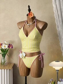 Swim Mod 夏季甜美櫻桃格紋比基尼背心套裝 - 彩色 - 查看 5