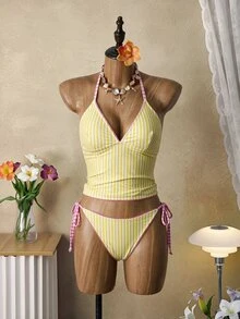 Swim Mod 夏季甜美櫻桃格紋比基尼背心套裝 - 彩色 - 查看 7