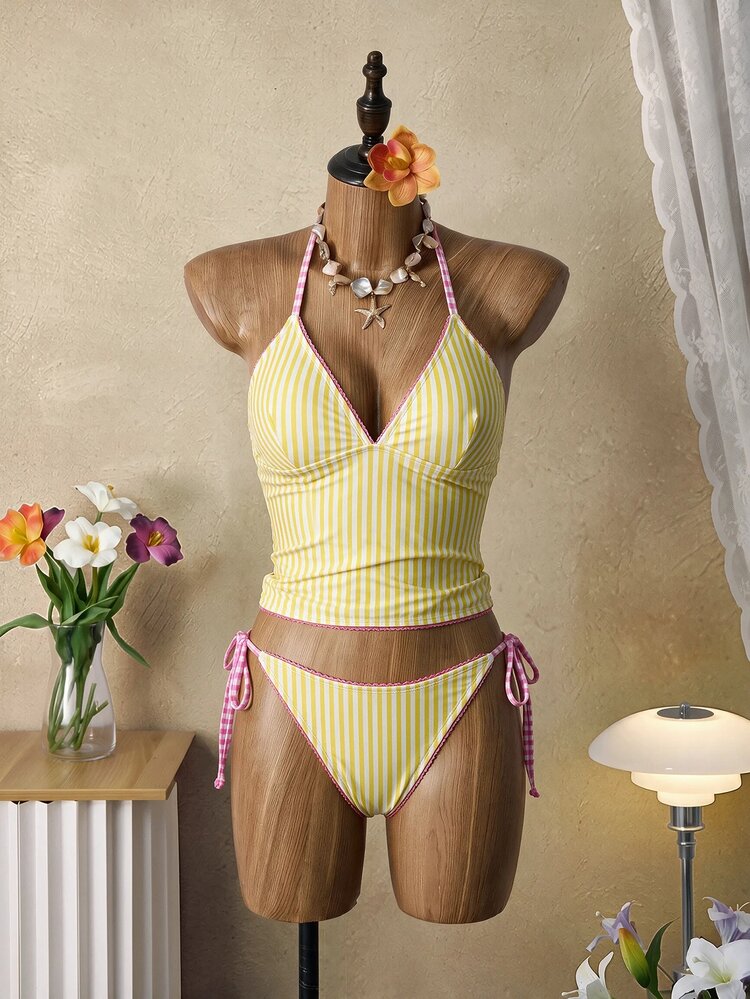 Swim Mod Summer Sweet Cherry Plaid Tank Bikini Set - Multicolor - View 7