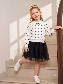 SHEIN Elladie kids 1件女孩黑白波點蝴蝶結套頭洋裝，黑色網紗下擺，甜美時尚可愛優雅秋季洋裝 - 黑色 - 查看 7
