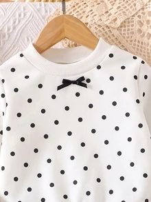 SHEIN Elladie kids 1件女孩黑白波點蝴蝶結套頭洋裝，黑色網紗下擺，甜美時尚可愛優雅秋季洋裝 - 黑色 - 查看 10