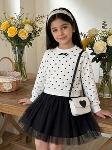 SHEIN Elladie kids 1件女孩黑白波點蝴蝶結套頭洋裝，黑色網紗下擺，甜美時尚可愛優雅秋季洋裝 - 黑色 - 查看 5
