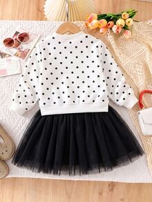 SHEIN Elladie kids 1件女孩黑白波點蝴蝶結套頭洋裝，黑色網紗下擺，甜美時尚可愛優雅秋季洋裝 - 黑色 - 查看 3