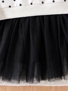SHEIN Elladie kids 1件女孩黑白波點蝴蝶結套頭洋裝，黑色網紗下擺，甜美時尚可愛優雅秋季洋裝 - 黑色 - 查看 9