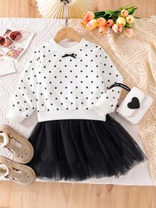 SHEIN Elladie kids 1件女孩黑白波點蝴蝶結套頭洋裝，黑色網紗下擺，甜美時尚可愛優雅秋季洋裝 - 黑色 - 查看 4