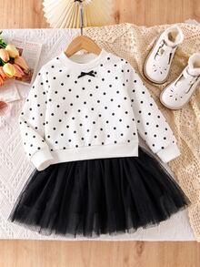 SHEIN Elladie kids 1件女孩黑白波點蝴蝶結套頭洋裝，黑色網紗下擺，甜美時尚可愛優雅秋季洋裝 - 黑色 - 查看 8