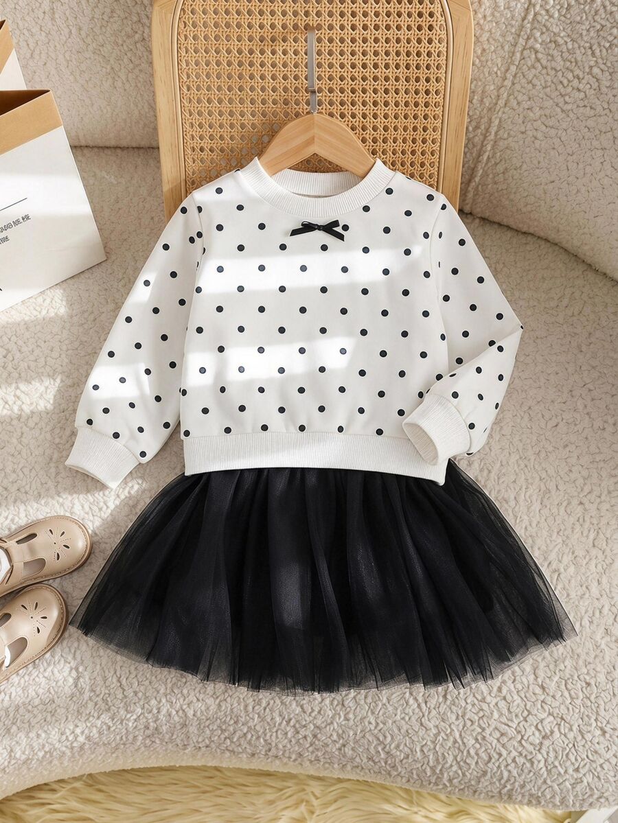 SHEIN Elladie kids 1件女孩黑白波點蝴蝶結套頭洋裝，黑色網紗下擺，甜美時尚可愛優雅秋季洋裝