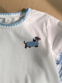 SHEIN Elladie kids 2件/套基礎休閒慵懶純色套裝，馬印花，不對稱下擺，側面抓皺設計，圓領短袖T恤，搭配黃色條紋紋理布料直筒長褲，適合日常/外出等多種場合，春季/夏季/四季皆宜 - 藍色 - 查看 6