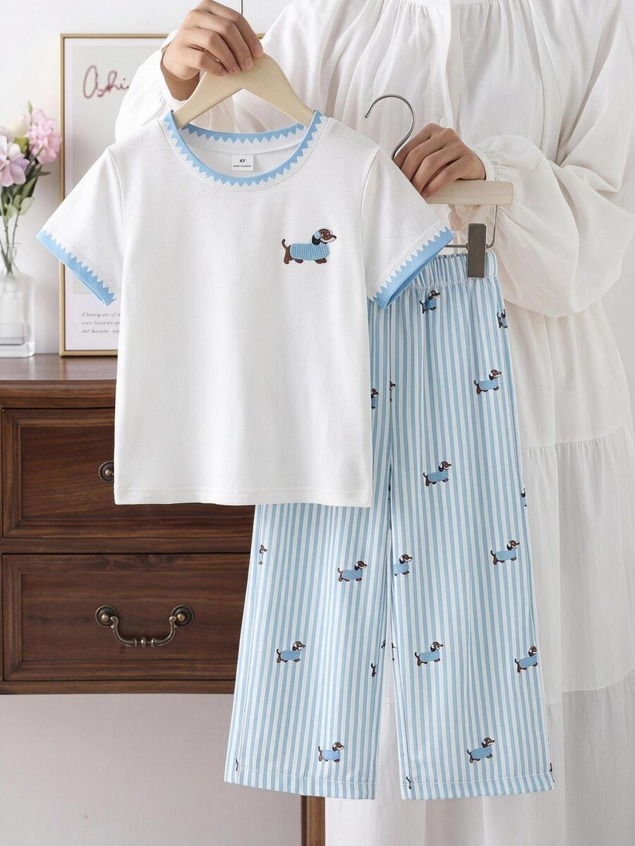 SHEIN Elladie kids 2件/套基礎休閒慵懶純色套裝，馬印花，不對稱下擺，側面抓皺設計，圓領短袖T恤，搭配黃色條紋紋理布料直筒長褲，適合日常/外出等多種場合，春季/夏季/四季皆宜