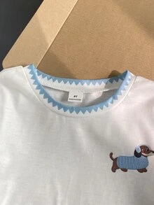 SHEIN Elladie kids 2件/套基礎休閒慵懶純色套裝，馬印花，不對稱下擺，側面抓皺設計，圓領短袖T恤，搭配黃色條紋紋理布料直筒長褲，適合日常/外出等多種場合，春季/夏季/四季皆宜 - 藍色 - 查看 5