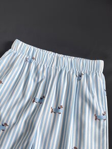 SHEIN Elladie kids 2件/套基礎休閒慵懶純色套裝，馬印花，不對稱下擺，側面抓皺設計，圓領短袖T恤，搭配黃色條紋紋理布料直筒長褲，適合日常/外出等多種場合，春季/夏季/四季皆宜 - 藍色 - 查看 7