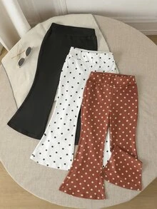 SHEIN Genkimix Kids 3-Pack Girls' Black And Polka Dot High-Waisted Flared Pants, Suitable For Daily Wear In Spring And Autumn And Back-To-School Season, Girls' Flared - Multicolor - View 4